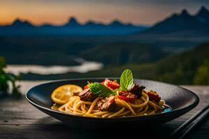 un plato de pasta con carne y vegetales en un mesa en frente de un montaña vista. generado por ai foto