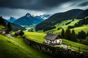 a small house sits on a hillside in the mountains. AI-Generated photo