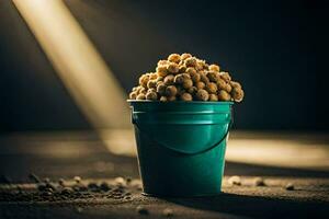 a bucket filled with peanuts on a dark surface. AI-Generated photo