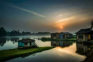 the sun rises over a small village on the edge of a lake. AI-Generated photo