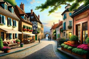 a painting of a street in a european town. AI-Generated photo