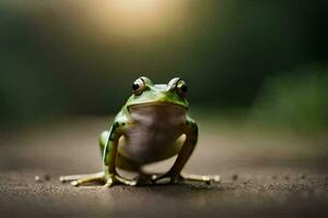 a frog sitting on the ground with a blurry background. AI-Generated photo