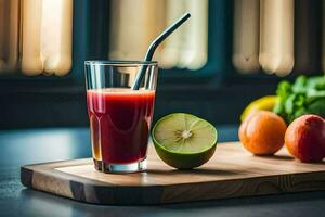 a glass of juice with a straw on a cutting board. AI-Generated photo