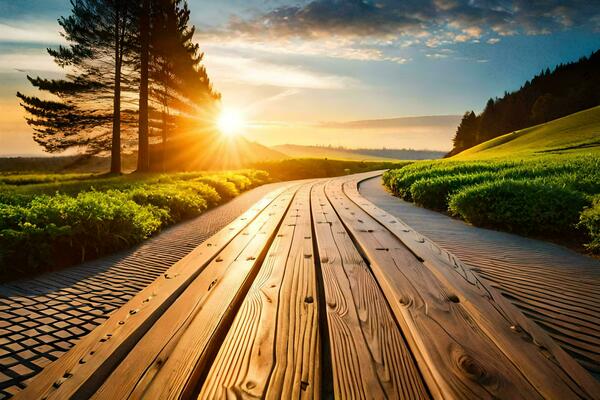 a wooden path leads to the sun in the sky. AI-Generated