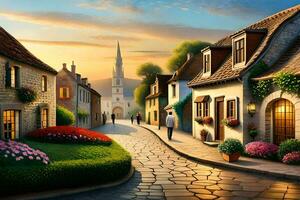 photo wallpaper the sky, flowers, houses, street, sunset, the village, the sunset,. AI-Generated