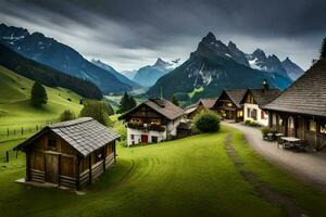 photo wallpaper the sky, mountains, clouds, grass, houses, mountains, house, the village. AI-Generated