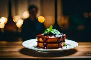 a plate of food on a table with a blurry background. AI-Generated photo