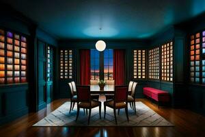 a dining room with blue walls and red chairs. AI-Generated photo