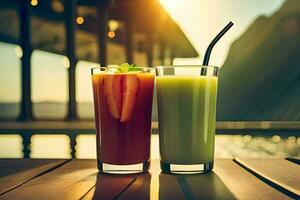 two glasses of juice on a table in front of the sun. AI-Generated photo