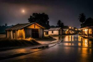 foto fondo de pantalla el luna, noche, el agua, el aldea, el cabaña, el luna,. generado por ai