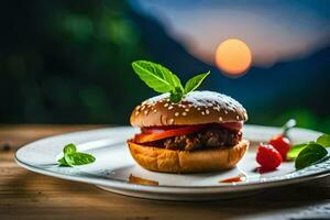 a hamburger on a plate with a cherry on top. AI-Generated photo