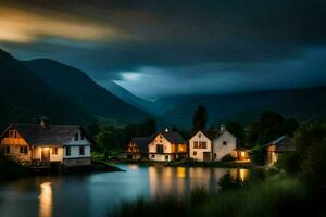 photo wallpaper the sky, mountains, water, houses, the dark, the moon, the lake. AI-Generated
