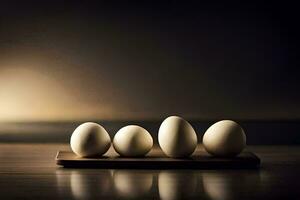 cinco huevos en un de madera bandeja en frente de un oscuro antecedentes. generado por ai foto