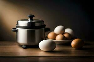 a large pot of eggs and a bowl of eggs. AI-Generated photo