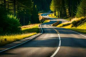 un largo devanado la carretera en el bosque. generado por ai foto