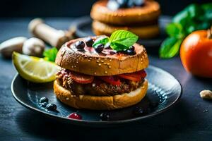 a hamburger with tomatoes, lettuce and blueberries. AI-Generated photo