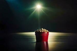 a bucket of peanuts on a table in front of a spotlight. AI-Generated photo