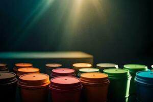 colorful coffee cups on a table with light shining through. AI-Generated photo