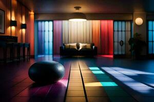 a ball sits on the floor in a room with colorful walls. AI-Generated photo