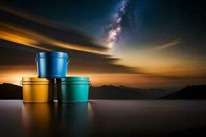 three buckets of paint on a table with a sky in the background. AI-Generated photo