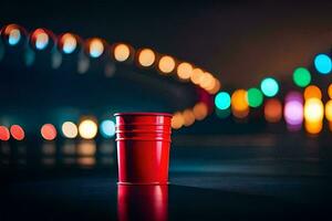 a red plastic cup sitting on the floor in front of a blurry background. AI-Generated photo