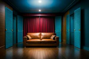 a leather couch in a room with blue shutters. AI-Generated photo