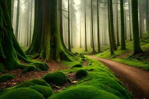 un camino mediante un verde bosque con cubierto de musgo arboles generado por ai foto