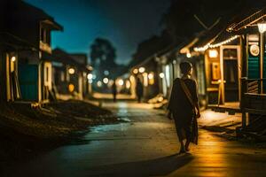 a monk walks down a street at night. AI-Generated photo