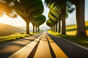 a road with trees on both sides and a sun shining. AI-Generated photo