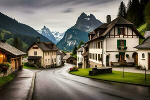 a street in the mountains with houses and mountains in the background. AI-Generated photo