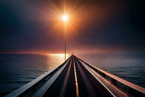 a long bridge with a light shining on it. AI-Generated photo