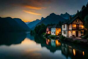 casas en el apuntalar de un lago a puesta de sol. generado por ai foto