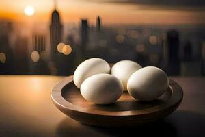 eggs in a bowl on a table with cityscape in the background. AI-Generated photo