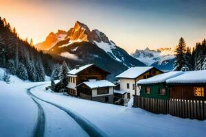 a snowy road in front of a mountain village. AI-Generated photo