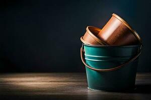 a bucket with two brown lids sitting on top of a wooden table. AI-Generated photo