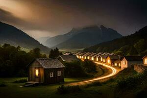 un pequeño pueblo en el montañas con un ligero camino. generado por ai foto