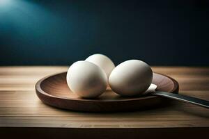 three eggs on a wooden plate with a spoon. AI-Generated photo