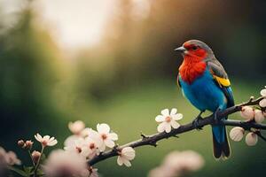 a colorful bird sits on a branch with flowers. AI-Generated photo