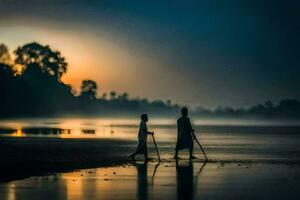 dos personas caminando en el playa a puesta de sol. generado por ai foto