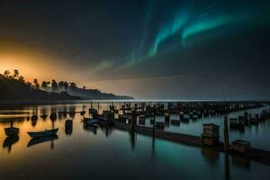 a boat dock with boats in the water and an aurora borealis. AI-Generated photo