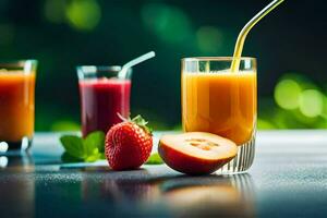juice in glasses with strawberries and oranges. AI-Generated photo