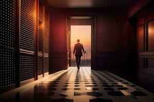 a man is walking down a hallway with a door open. AI-Generated photo