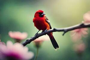 a red bird sits on a branch with pink flowers. AI-Generated photo