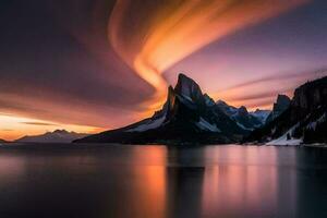 the sun sets over a mountain range and lake. AI-Generated photo