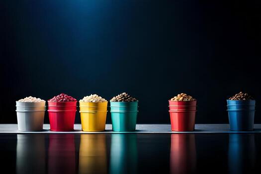 a row of colorful cups with different types of cereal. AI-Generated photo