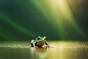 un rana sentado en un mojado superficie con un verde antecedentes. generado por ai foto