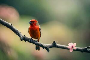 a red bird sitting on a branch with pink flowers. AI-Generated photo