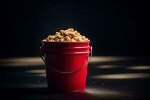 a red bucket filled with popcorn on a dark background. AI-Generated photo