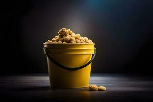 a bucket filled with peanuts on a dark background. AI-Generated photo