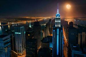 el Luna es brillante brillantemente terminado el ciudad horizonte. generado por ai foto